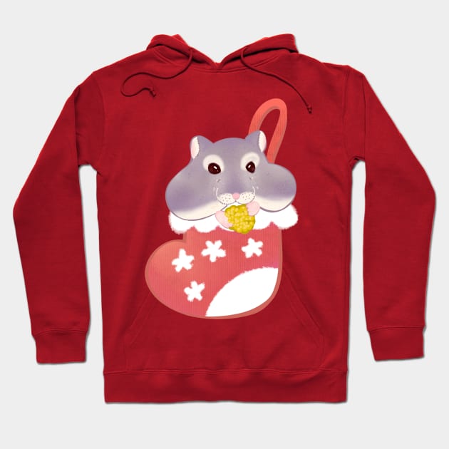 Hamster in a Christmas Stocking Munching Away Hoodie by Rinco Ronki
